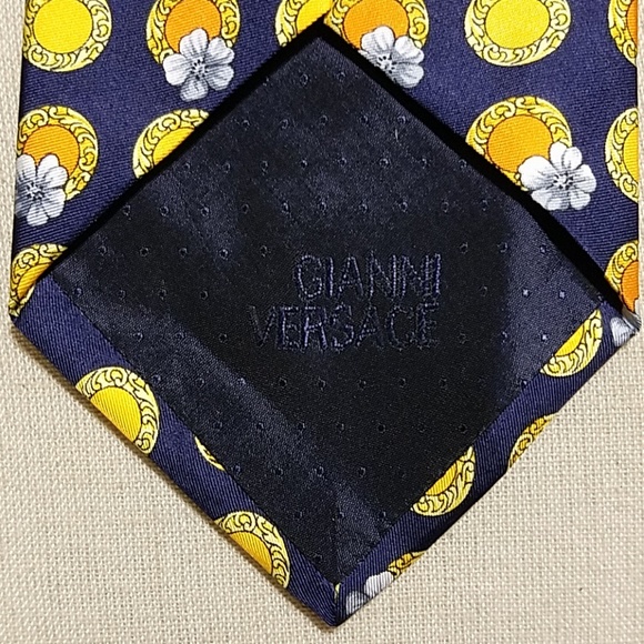 Gianni Versace Flower Circle Navy Gold Vintage Tie - Picture 3 of 6